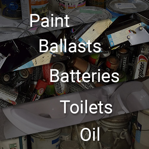 image of old batteries, paint, oil, toilets ready for recycle
